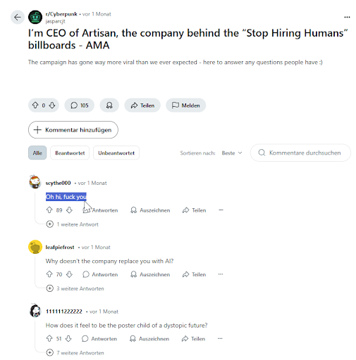 Abbildung 2 Screenshot der reddit.com Seite auf der sich der Kompanien Verantwortliche dem "Internet" stellt.
