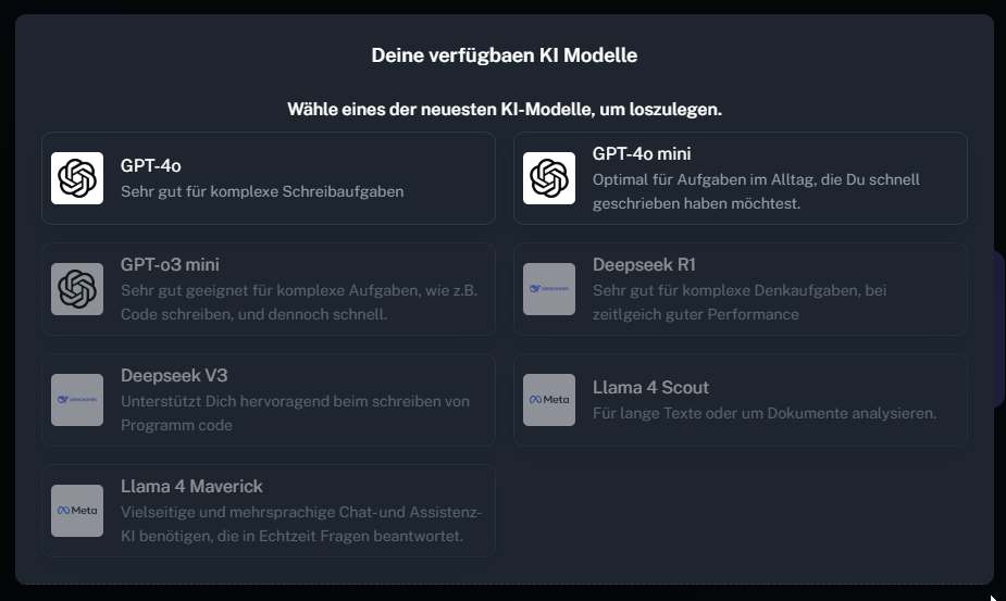 Modelauswahl choose from different ai and llm models