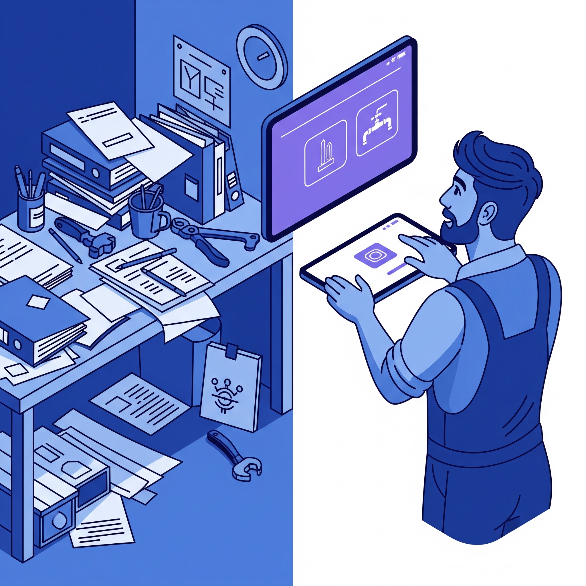 Isometrische Illustration eines Handwerkers, der mit Notivo KI mühelos am Tablet ein Angebot erstellt, während im Hintergrund der Papierkram verschwindet.