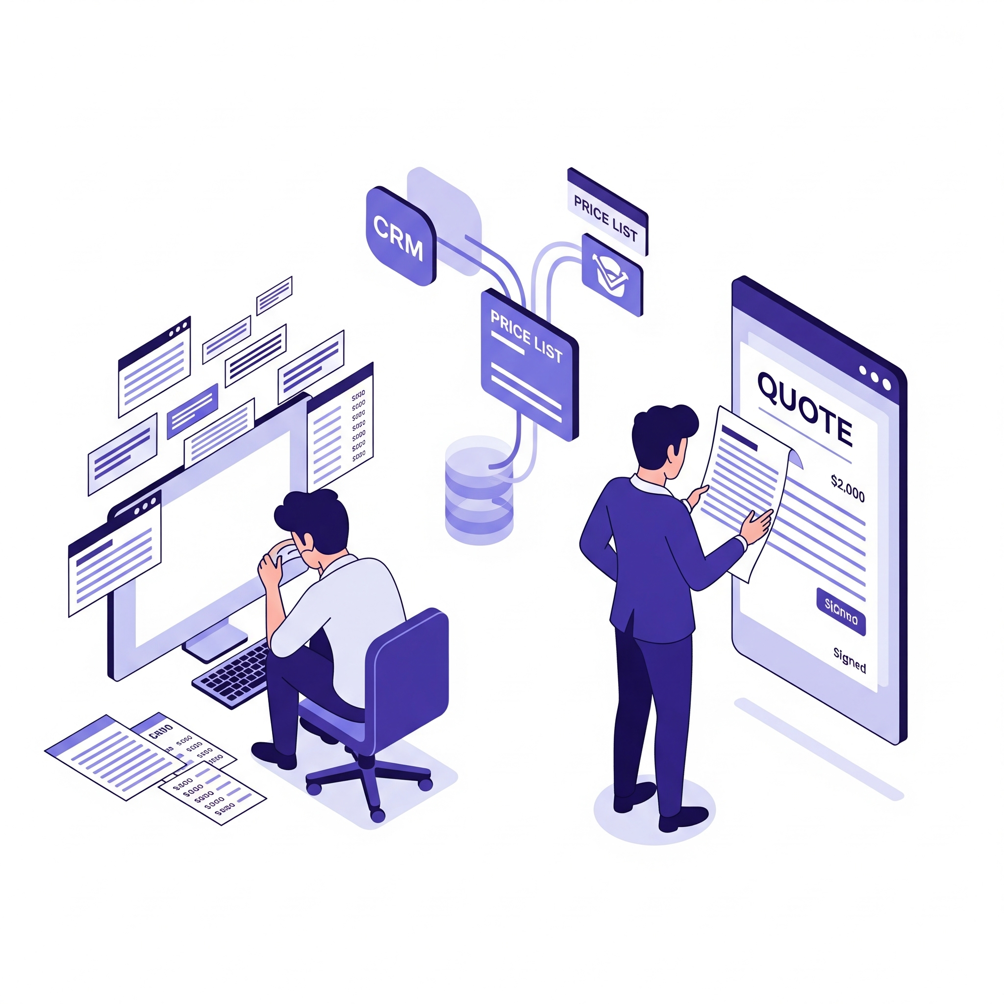 Illustration zeigt, wie KI aus CRM-Daten und Preislisten automatisch ein perfektes Angebot für einen Vertriebsmitarbeiter erstellt.