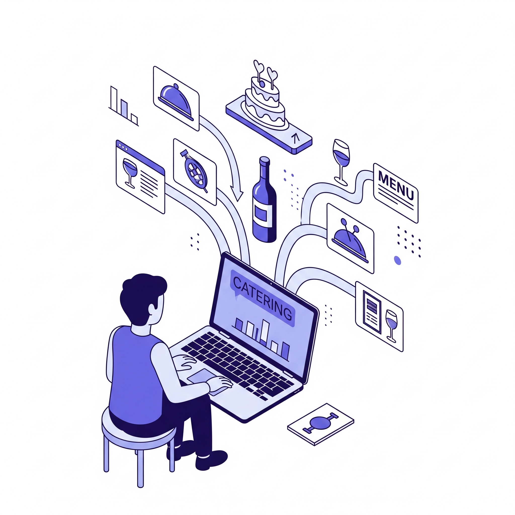KI-gestützte Angebots-Erstellung für Catering Isometrische Illustration einer Person am Laptop, die mit KI eine Mindmap für ein Catering-Angebot mit Speisen-Icons erstellt