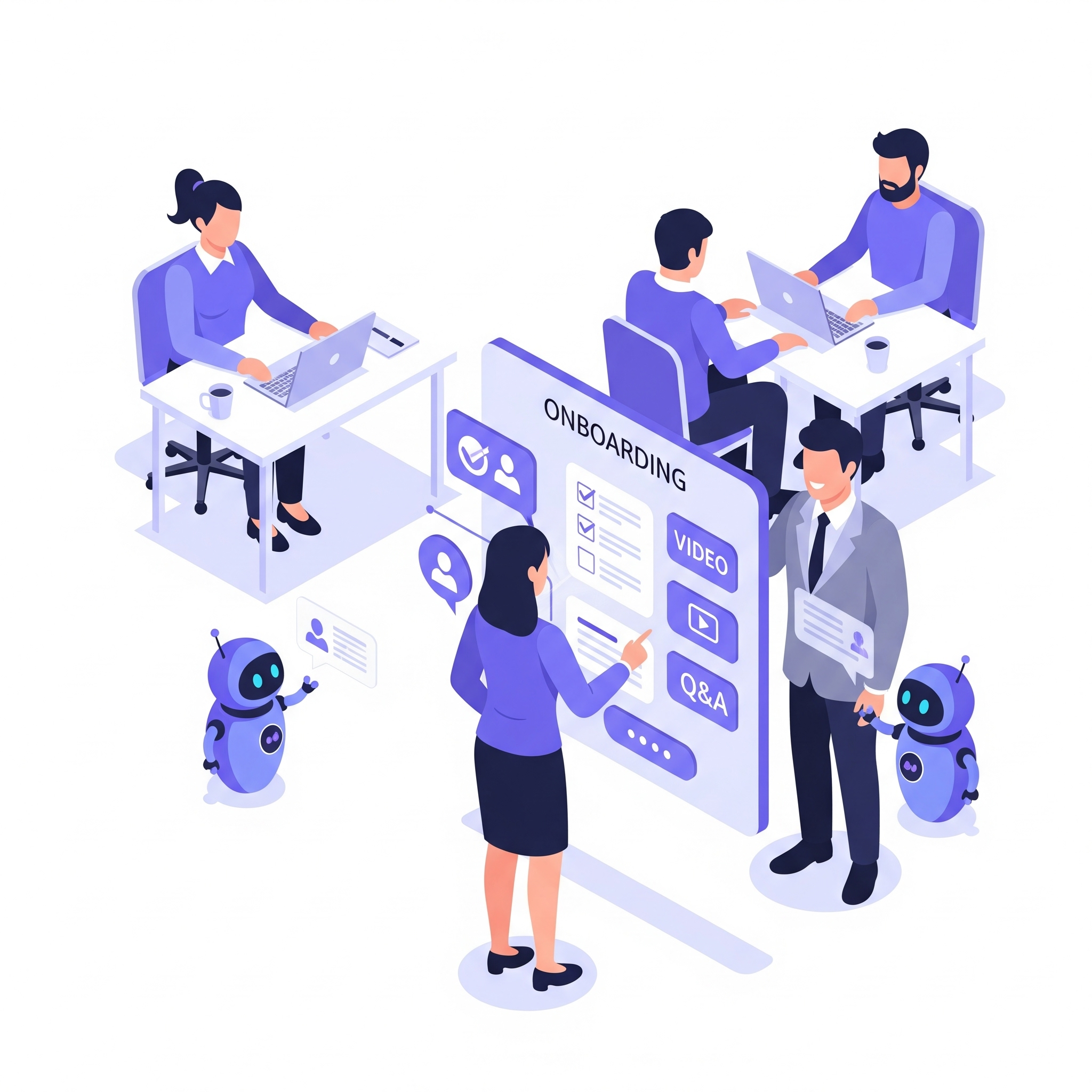 Ein Team arbeitet einen neuen Mitarbeiter mithilfe von KI-Bots und einer digitalen Wissensbasis ein.