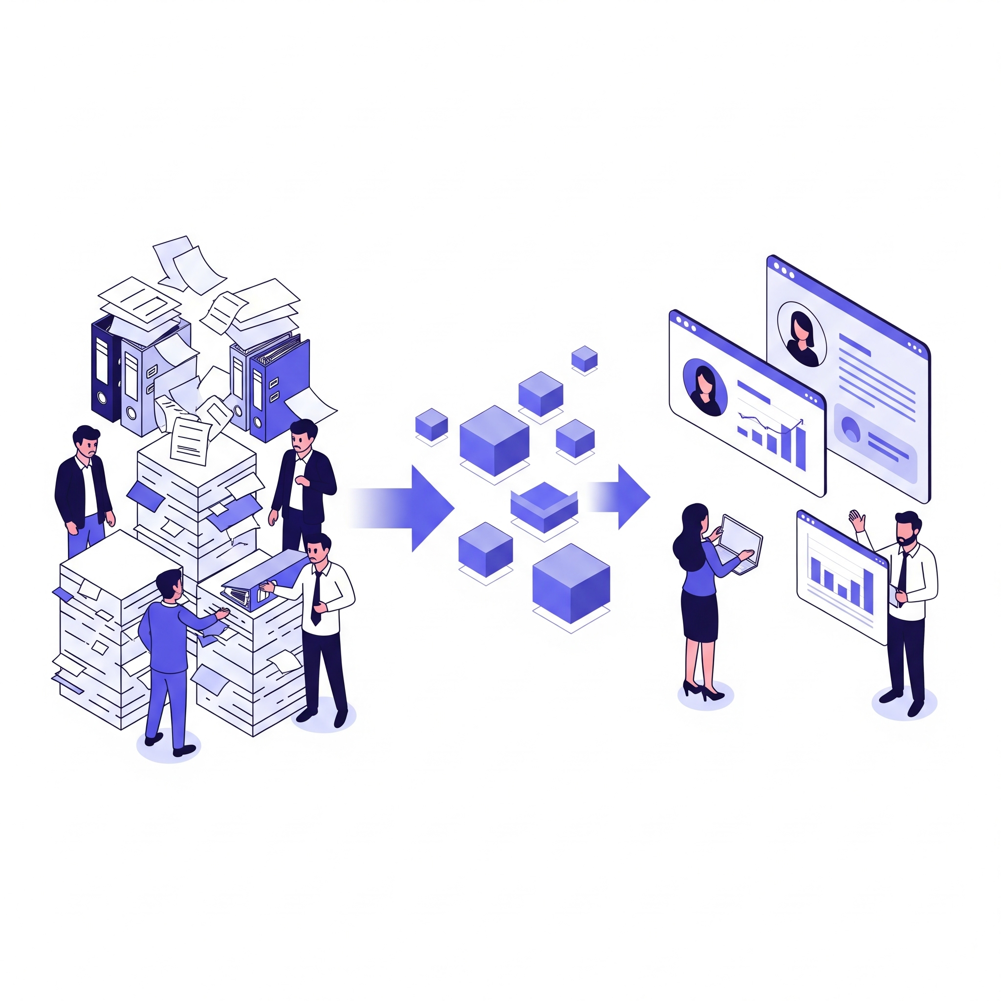Mitarbeiter verwandeln chaotische Audit-Dokumente mit KI-Software in eine digitale, geordnete Wissensquelle auf Dashboards.
